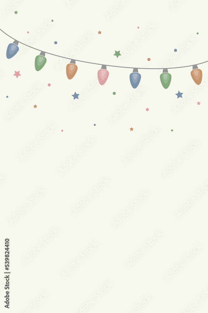 Cord of colourful Christmas lights. Background with ornaments. Vector illustration