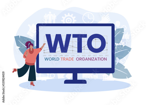 WTO - World Trade Organization acronym, business concept. word lettering typography design illustration with line icons and ornaments. Internet web site promotion concept vector lay