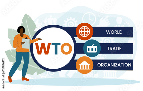 WTO - World Trade Organization acronym, business concept. word lettering typography design illustration with line icons and ornaments. Internet web site promotion concept vector lay photo