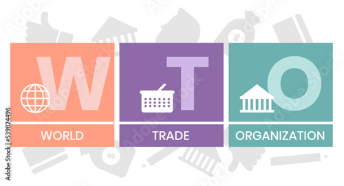 WTO - World Trade Organization acronym, business concept. word lettering typography design illustration with line icons and ornaments. Internet web site promotion concept vector lay
