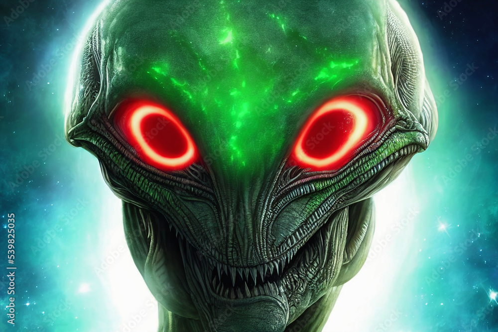 fantasy illustration of reptilian green alien humanoid lifeform with sharp teeth red glowing eyes illuminated in glowing green blue light