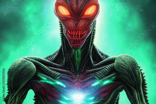 Fotografija fantasy illustration of reptilian green alien humanoid lifeform with sharp teeth