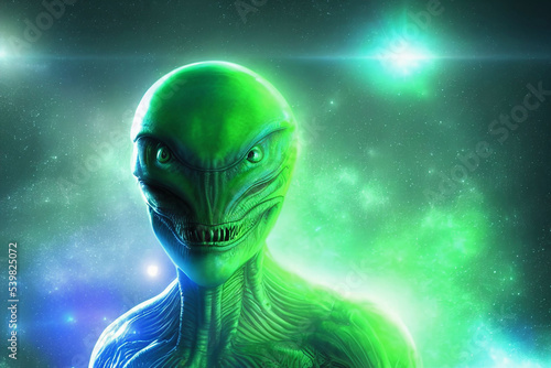 Canvastavla fantasy illustration of reptilian green alien humanoid lifeform with sharp teeth