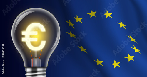 Light bulb with a shining Euro sign on a EU flag background. High electricity price creative concept illustration. European Union energy crisis and politics vector banner.