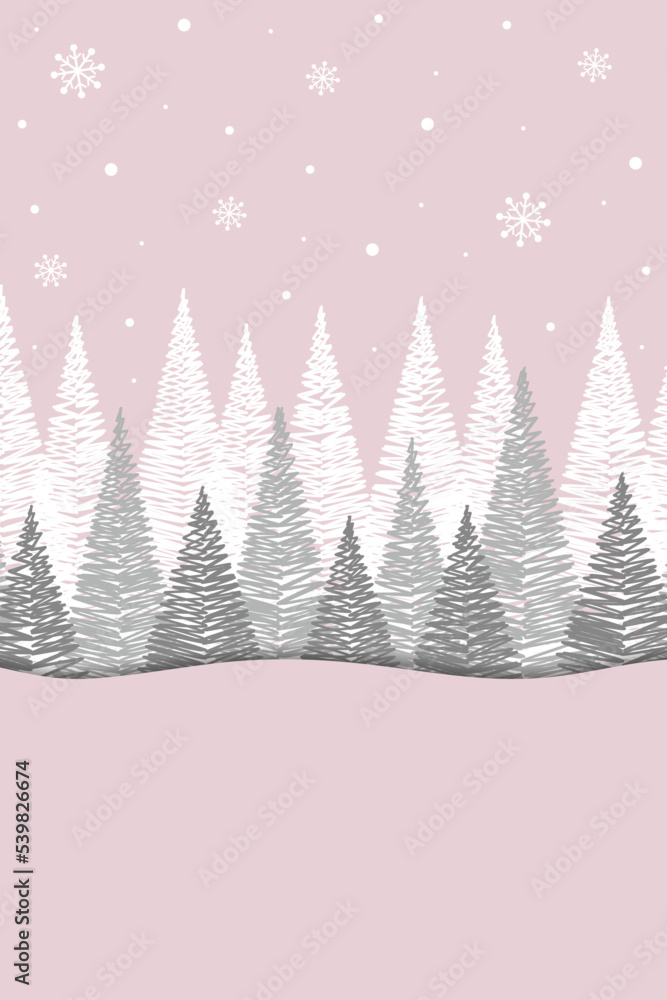 Concept of Christmas greeting card with hand drawn trees. Vector illustration