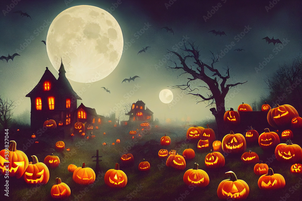 Halloween background with pumpkins and a haunted mansion, full moon, mist, and flying bats, spooky and creepy atmosphere Halloween background with pumpkins and a haunted mansion, full moon, mist, and flying bats, spooky and creepy atmosphere