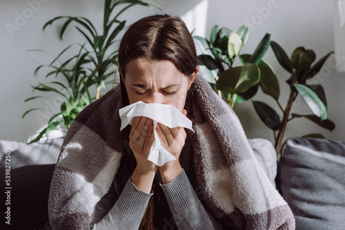 Fototapet Sick frozen young female seated on sofa in living room covered with warm cozy plaid sneezing holding paper napkin blow out runny nose feels unhealthy, seasonal cold