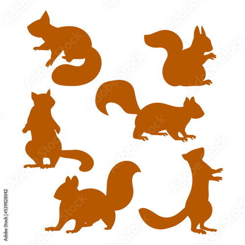 Set, silhouettes of funny mischievous squirrels, element for design of cards, backgrounds, textiles