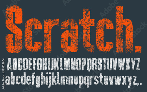 Scratched Condensed Font with a worn, scratched texture. Detailed individually textured characters. Unique design font
