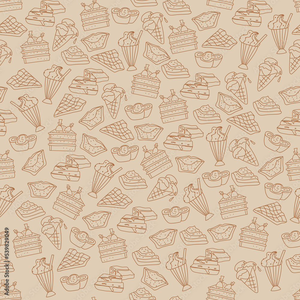 Seamless pattern with cute sweet desserts in outline. Hand drawn printable design for textile, paper, package