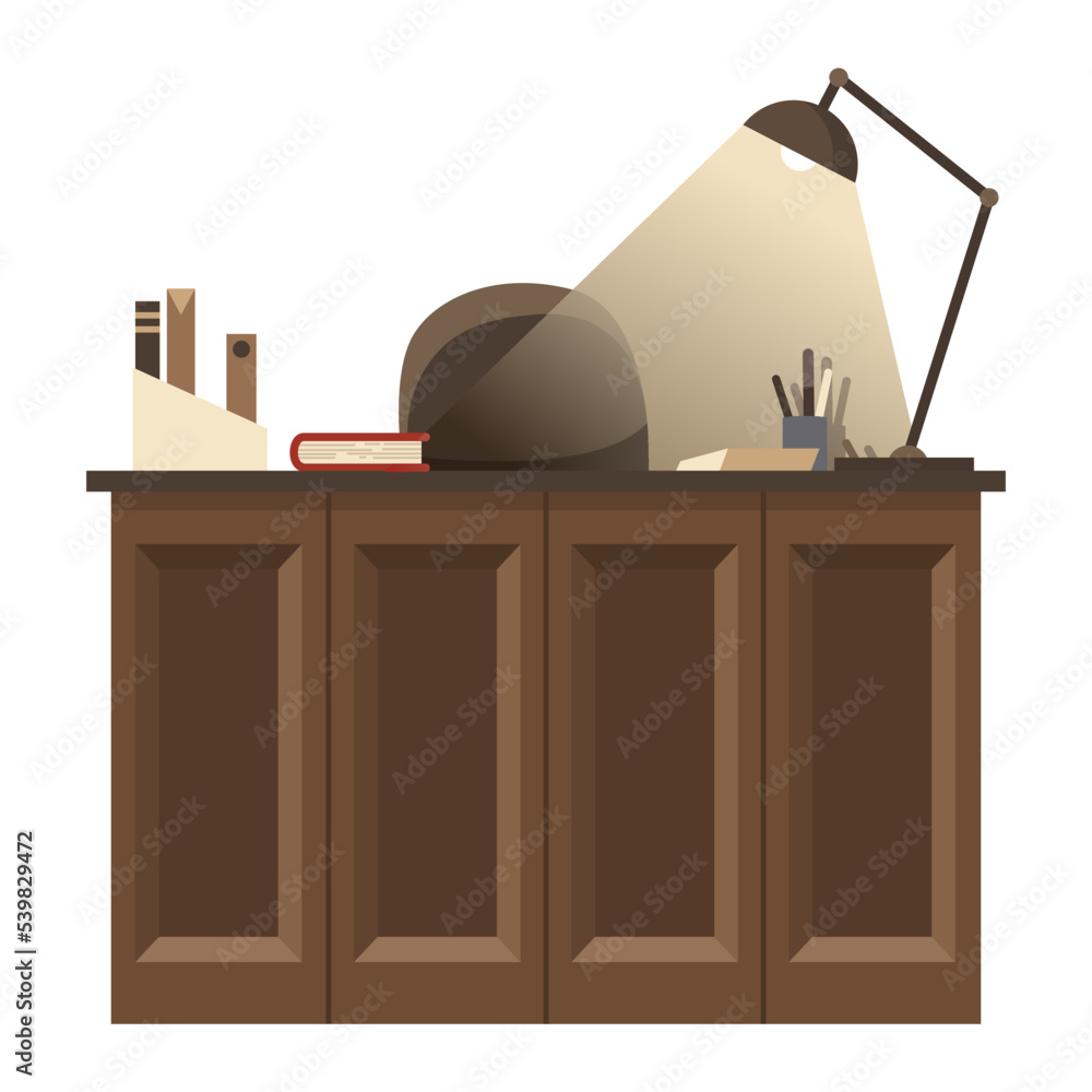 Detective office interior element. Desk with stationery for detective ...