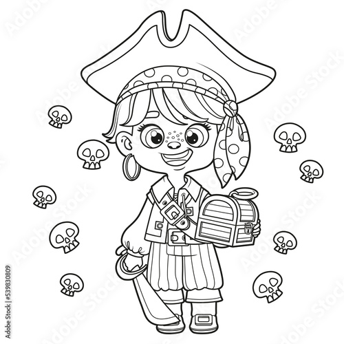 Cute cartoon pirate boy with saber and chest outlined for coloring page on white background