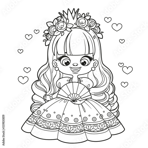 Cute cartoon long haired princess girl in ball dress with a fan outlined for col Fototapet