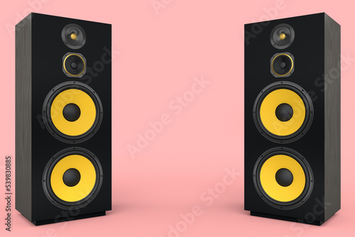 Hi-fi speakers with loudspeakers for sound recording studio on pink background.