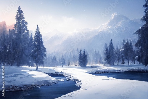 AI-generated hyper-realistic winter background with snowy trees and snowcap mountains in fog photo