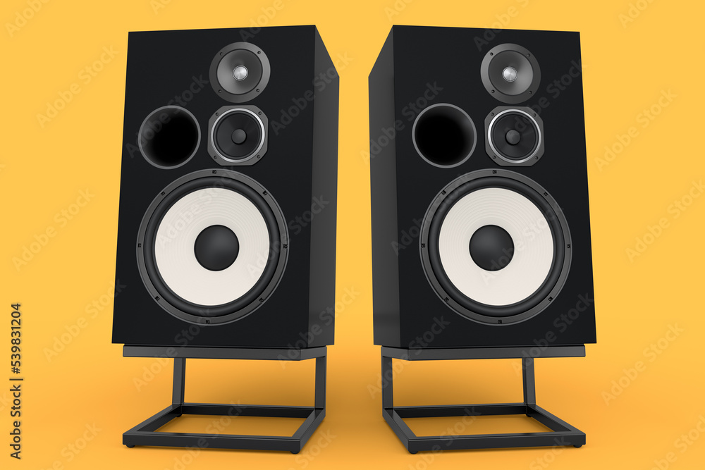 Hi-fi speakers with loudspeakers on stand on yellow background. Hi-fi speakers with loudspeakers on stand on yellow background.