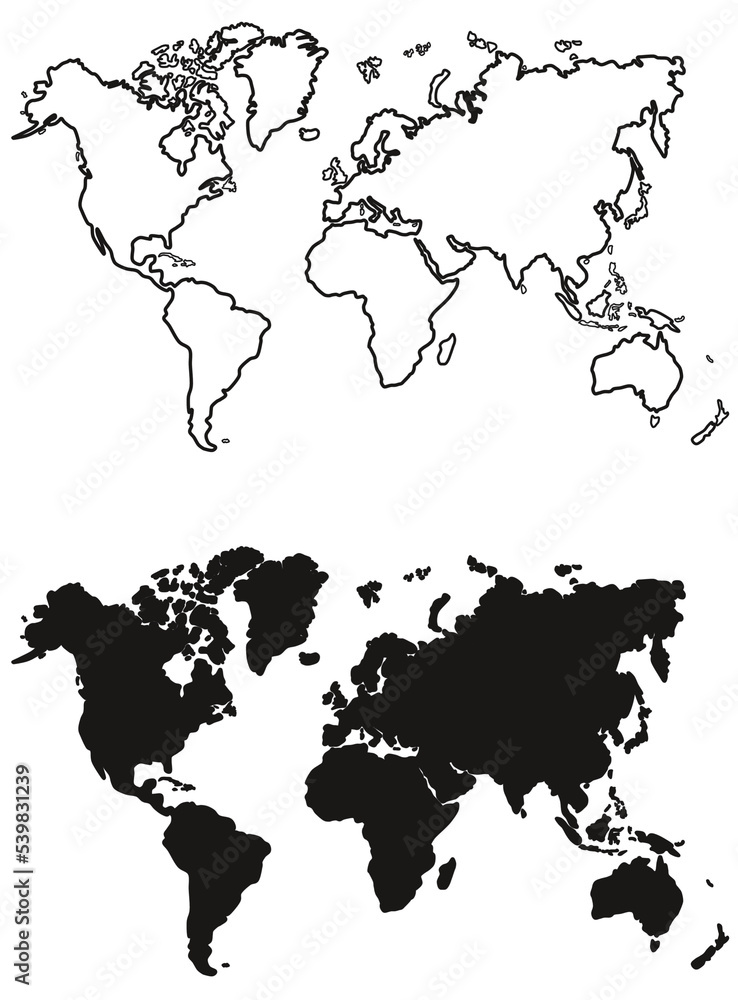 Mapa mundial, mapamundi contorno y silueta del mundo