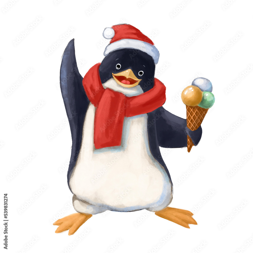 Fototapeta premium funny penguin with ice cream watercolor style illustration good for card and print design