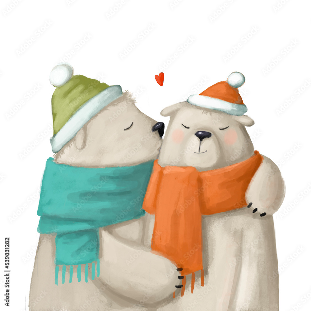 couple of polar bears in love, romantic kiss watercolor illustration ...