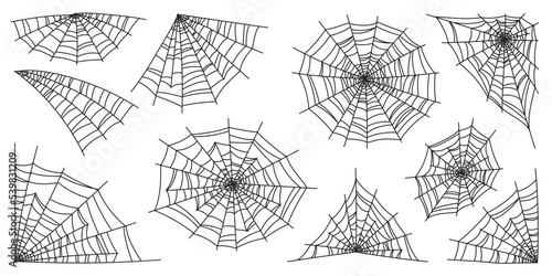 Cobweb collection isolated on black background. Line art, sketch style spider web elements, spooky, scary image. Gossamer. Spiderweb outline sign. Black and white vector illustration.