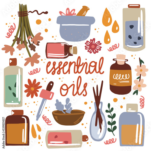 Vector illustration of essential oil. Bottles of oil and ingredients for relaxation, aromatherapy and massage.
