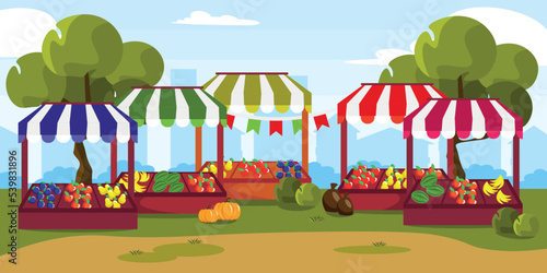 Vector illustration of a beautiful food market. Cartoon urban buildings with stalls that sell fruits, pumpkins, watermelons, pears, apples, plums, bananas and the city in the background.