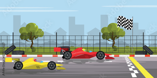 Vector illustration of race start. Cartoon race track with car, start flag, spare tires with the city in the background.