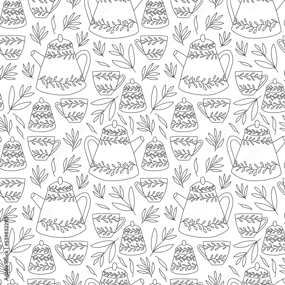 Vector tea collection seamless pattern. Hand drawn teapot and cup with tea doodle pattern