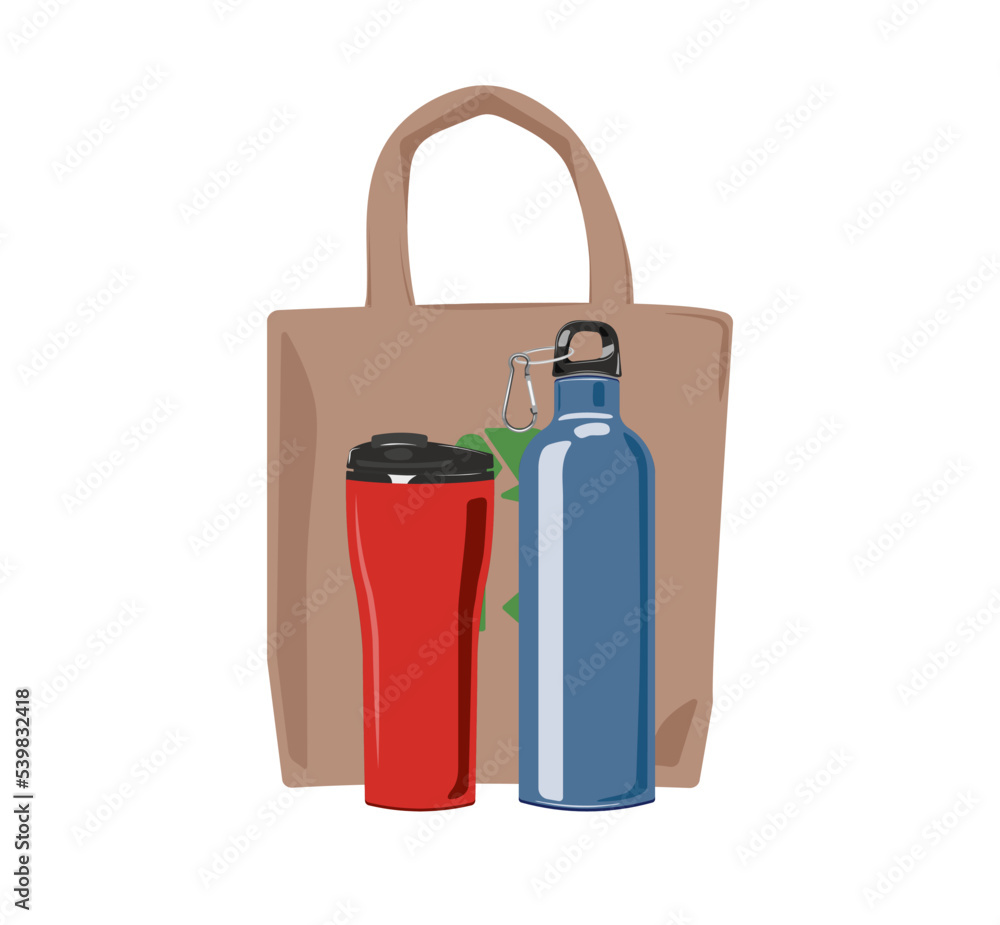 Ecological stuff - brown ecobag, red thermo mug and blue thermos Ecological stuff - brown ecobag, red thermo mug and blue thermos