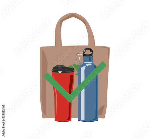 Ecological stuff - brown ecobag, red thermo mug, blue thermos and a check mark