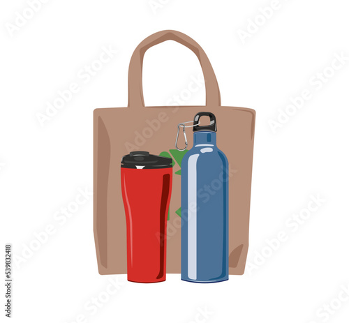 Ecological stuff - brown ecobag, red thermo mug and blue thermos