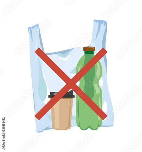 Waste that takes long to decompose (a plastic bag, a disposable cup and a plastic bottle) crossed by red cross