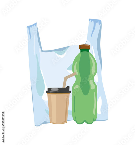 Waste that takes long to decompose - a plastic bag, a disposable cup and a plastic bottle