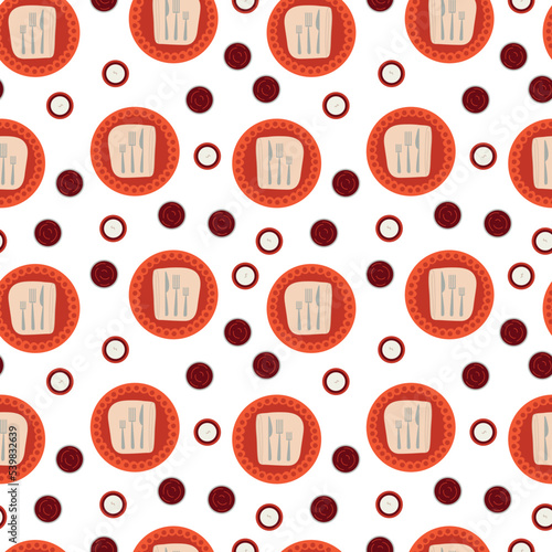 Vector table appointments seamless pattern. Flat style plate and cultery pattern