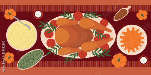 Thanksgiving turkey and another dishes vector flat style table illustration. Thanksgiving menu table top view dishes. Turkey, mashed potatoes, beans and pumpkin pie