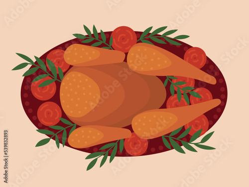 Thanksgiving turkey flat style table top view dish. Vector turkey dish with apples illustration
