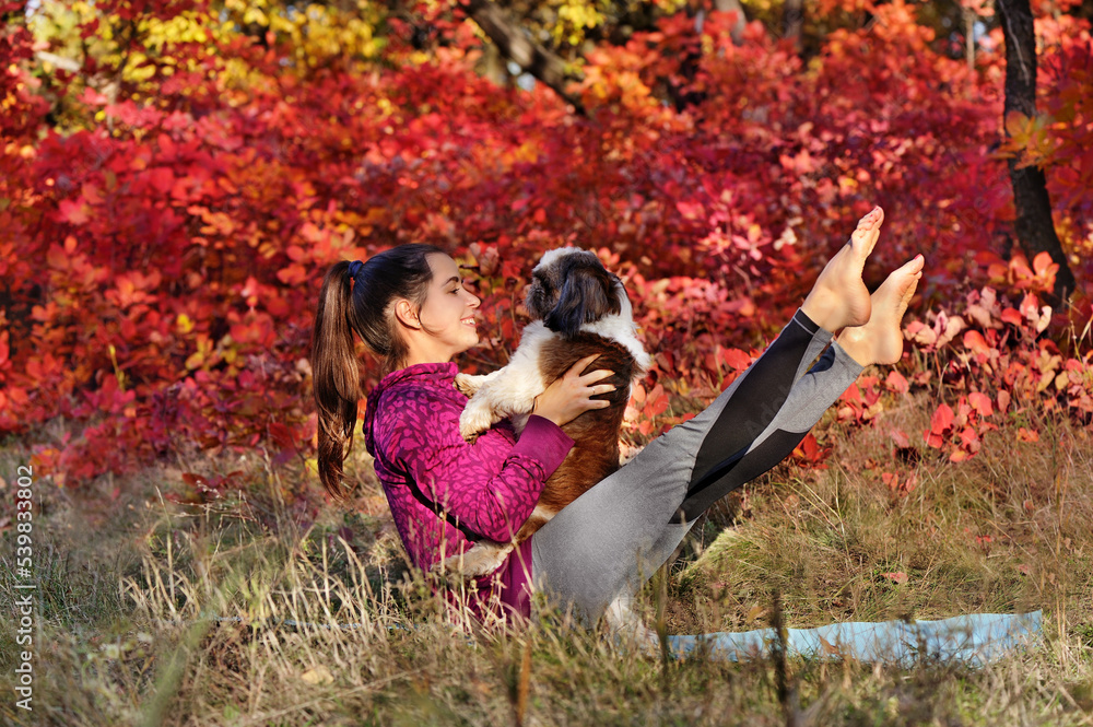 Sporty woman practicing boat yoga pose with her dog Sporty woman practicing boat yoga pose with her dog