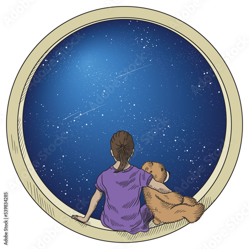 A young girl with teddy bear sits on a round porthole and looks at a star and comets in space and dreams.