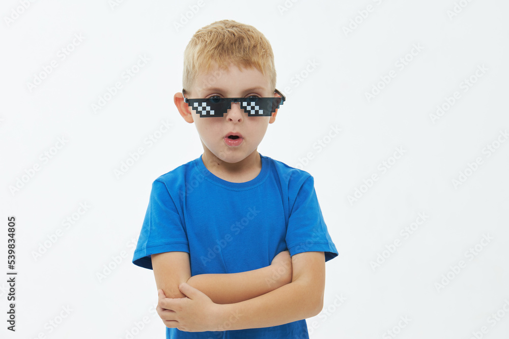 Portrait of a schoolboy in pixel glasses on white background. Cool dude boy guy Portrait of a schoolboy in pixel glasses on white background. Cool dude boy guy