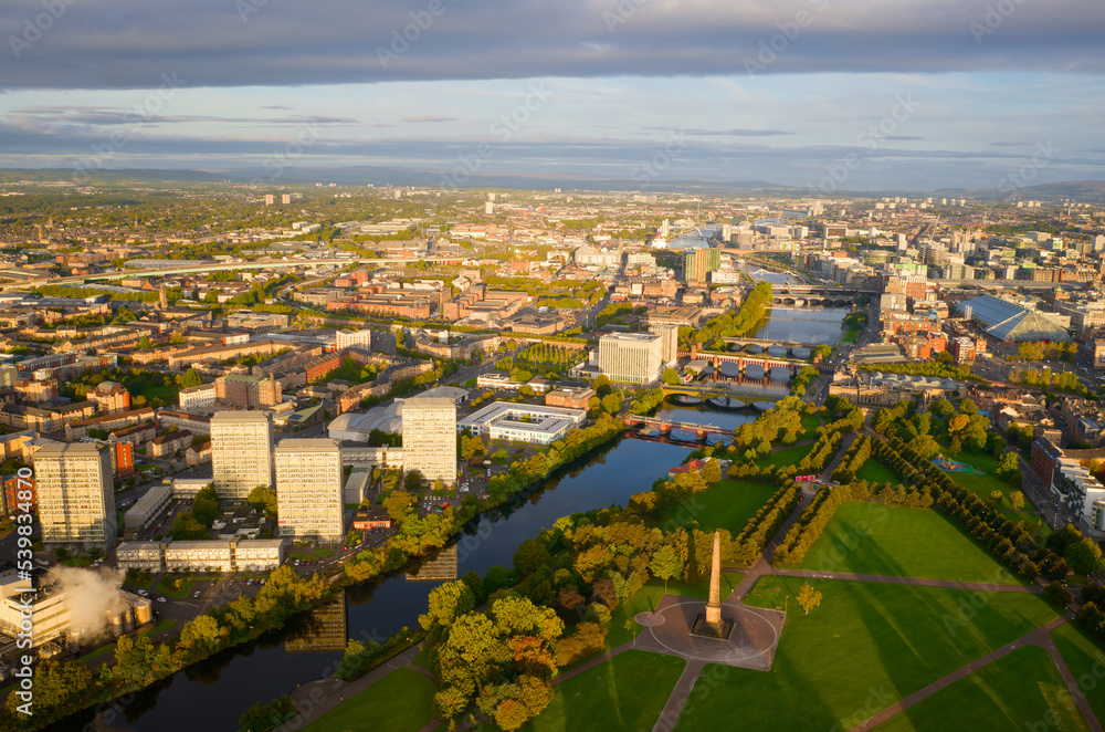 Aerial view of the River Clyde and Glasgow City during oncoming storm