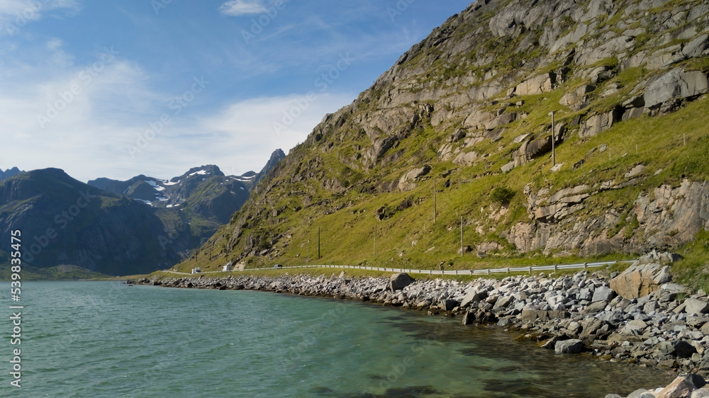 Coastal landscape in the Flakstad municipality in Lofoten, Norway