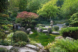 Small and beautiful japanese garden in Wurzburg with artificial creek, waterfalls, decorative lanterns and japanese maples
