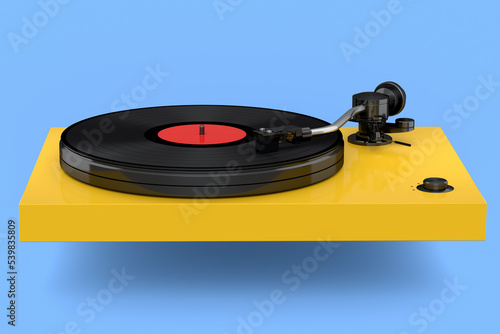 Vinyl record player or DJ turntable with retro vinyl disk on blue background. photo