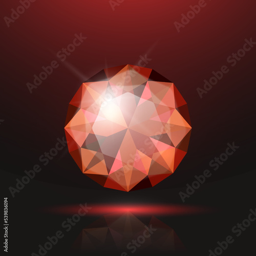 Vector 3d Realistic Red Transparent Round Glowing Gemstone, Diamond, Crystal, Rhinestone Closeup on Black Background. Jewerly Concept. Design Template, Banner