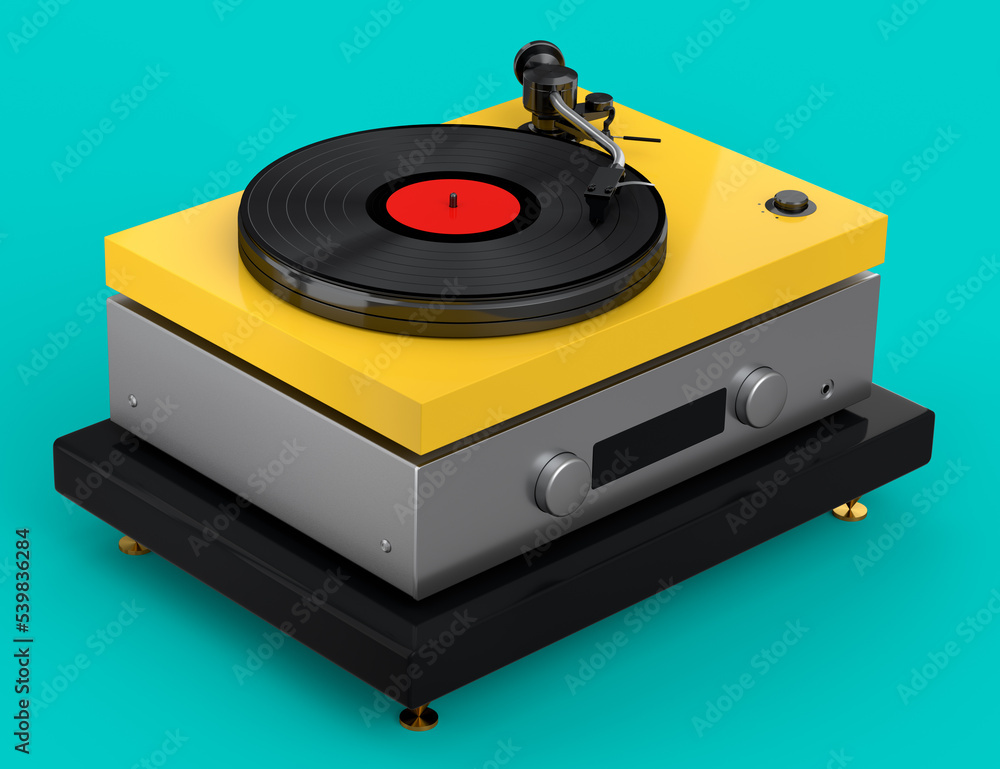 Vinyl record player or DJ turntable with retro vinyl disk on green background. Vinyl record player or DJ turntable with retro vinyl disk on green background.