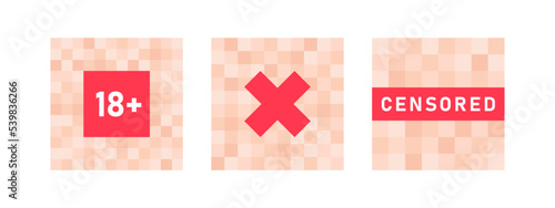 Set of pixel censored signs elements. Black and red censor bar concept. Blurred beige censorship background. Vector illustration photo