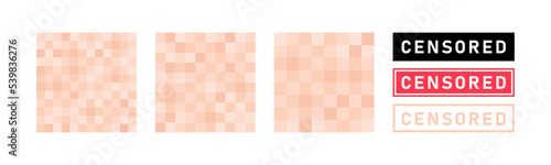 Set of pixel censored signs elements. Black and red censor bar concept. Blurred beige censorship background. Vector illustration photo