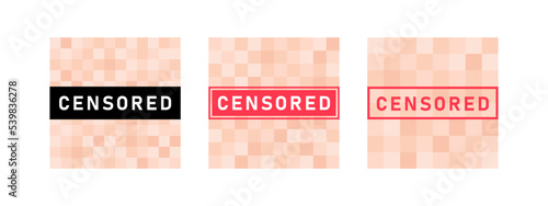 Set of pixel censored signs elements. Black and red censor bar concept. Blurred beige censorship background. Vector illustration