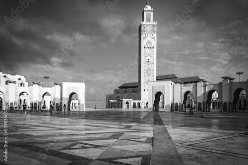 hassan ii mosque, casablanca, morocco, north africa, monochrome, black and white