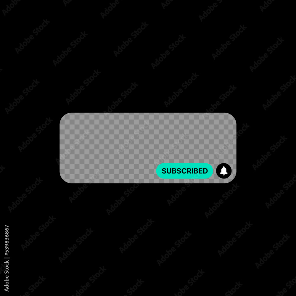 Subscribe Notification Illustration on Black Background. Social Media UI Concept. Rectangular Empty Space to Add Photo or Image. Cyan Subscribe and Notification Buttons. Web Element for Mobile Subscribe Notification Illustration on Black Background. Social Media UI Concept. Rectangular Empty Space to Add Photo or Image. Cyan Subscribe and Notification Buttons. Web Element for Mobile